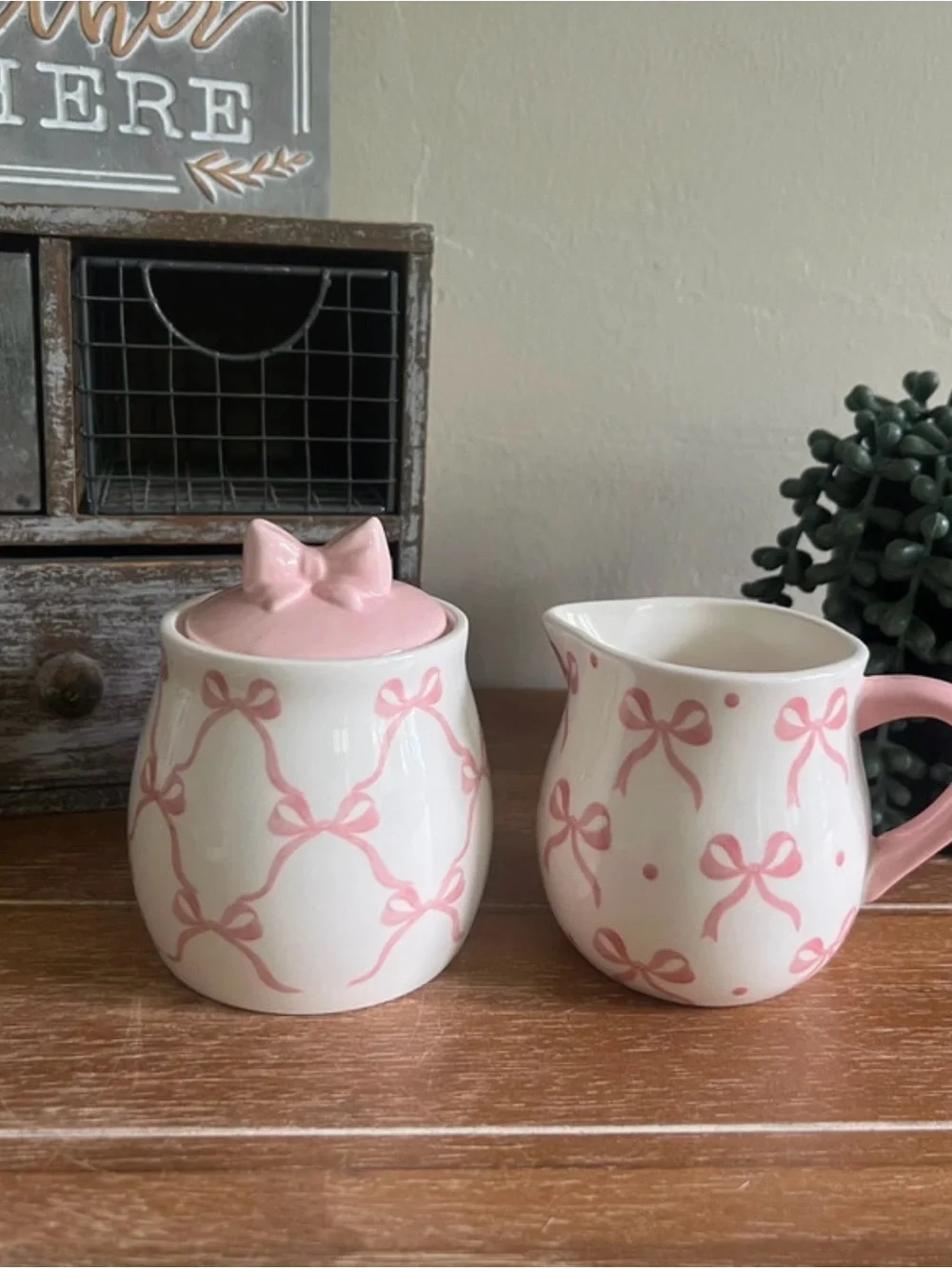New Pink Bow Ceramic Sugar Bowl and Creamer